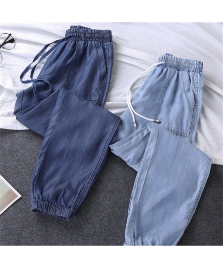 Summer Thin Women Pants Loose Jeans Harem Pants Tie Feet High Elastic Waist Trousers Plus Size Soft Cool Off Female Denim Pan...