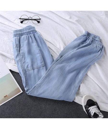 Summer Thin Women Pants Loose Jeans Harem Pants Tie Feet High Elastic Waist Trousers Plus Size Soft Cool Off Female Denim Pan...