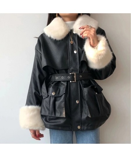 Thick Winter Warm Faux Leather Jacket Long Fur Collar Patchwork Coat Sashes Lim Waist Women Pu Leather Jackets 2022 $93.24 - ...