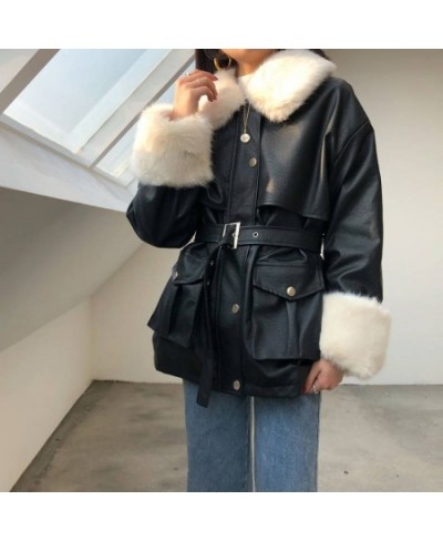 Thick Winter Warm Faux Leather Jacket Long Fur Collar Patchwork Coat Sashes Lim Waist Women Pu Leather Jackets 2022 $93.24 - ...