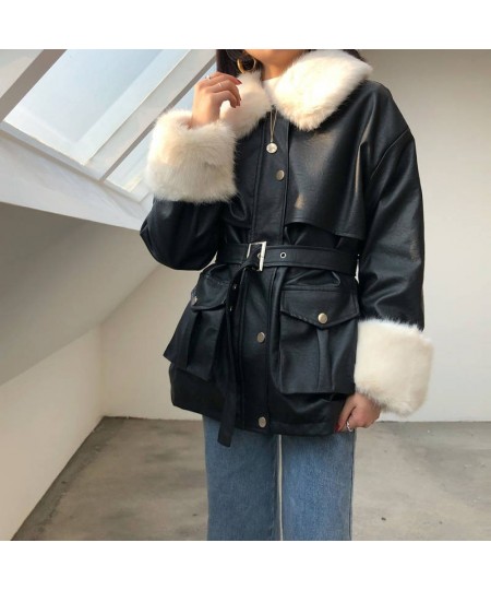 Thick Winter Warm Faux Leather Jacket Long Fur Collar Patchwork Coat Sashes Lim Waist Women Pu Leather Jackets 2022 $93.24 - ...