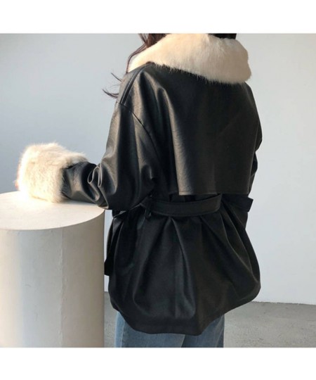 Thick Winter Warm Faux Leather Jacket Long Fur Collar Patchwork Coat Sashes Lim Waist Women Pu Leather Jackets 2022 $93.24 - ...