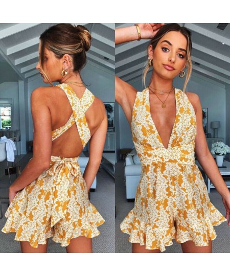 2023 Hot Women Summer Holiday Floral Mini Playsuits Sleeveless Deep V neck Backless Sexy Lady Loose Jumpsuits Beachwear $22.8...