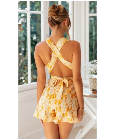 2023 Hot Women Summer Holiday Floral Mini Playsuits Sleeveless Deep V neck Backless Sexy Lady Loose Jumpsuits Beachwear $22.8...