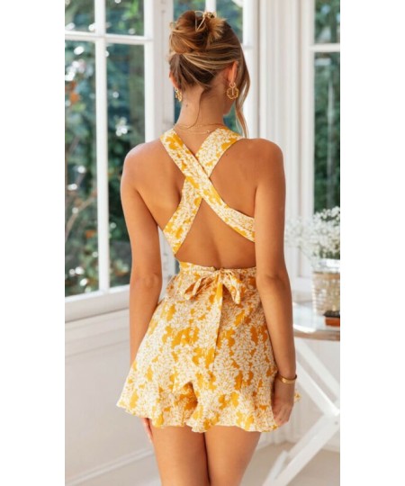 2023 Hot Women Summer Holiday Floral Mini Playsuits Sleeveless Deep V neck Backless Sexy Lady Loose Jumpsuits Beachwear $22.8...