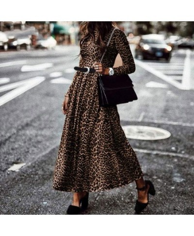 Fashion Leopard Print Long Dress Women Vintage Long Sleeve O Neck Maxi Pleated Dresses Sexy Club Party Dress $34.32 - Dresses