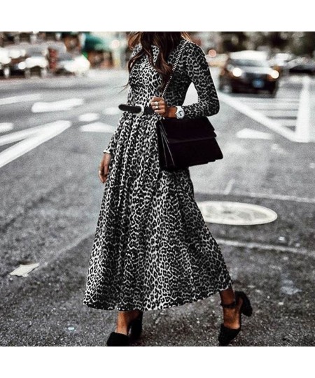 Fashion Leopard Print Long Dress Women Vintage Long Sleeve O Neck Maxi Pleated Dresses Sexy Club Party Dress $34.32 - Dresses