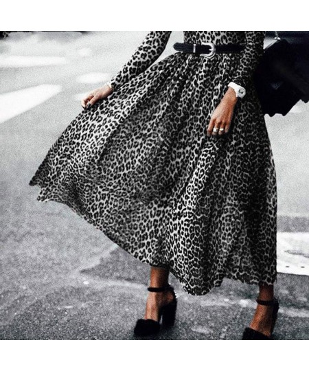 Fashion Leopard Print Long Dress Women Vintage Long Sleeve O Neck Maxi Pleated Dresses Sexy Club Party Dress $34.32 - Dresses