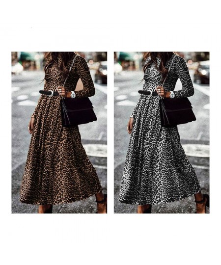 Fashion Leopard Print Long Dress Women Vintage Long Sleeve O Neck Maxi Pleated Dresses Sexy Club Party Dress $34.32 - Dresses