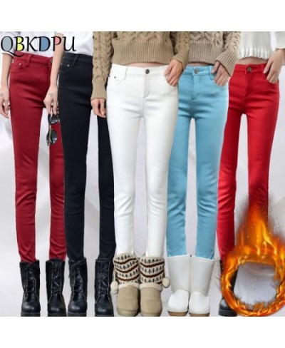 Stretch Jeans Pencil Pant Candy Color Plus Size Mid Waist Skinny Jeans Fleece Denim Pants Winter Thicken Velvet Warm Jeans $4...