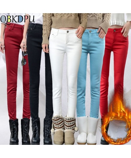 Stretch Jeans Pencil Pant Candy Color Plus Size Mid Waist Skinny Jeans Fleece Denim Pants Winter Thicken Velvet Warm Jeans $4...