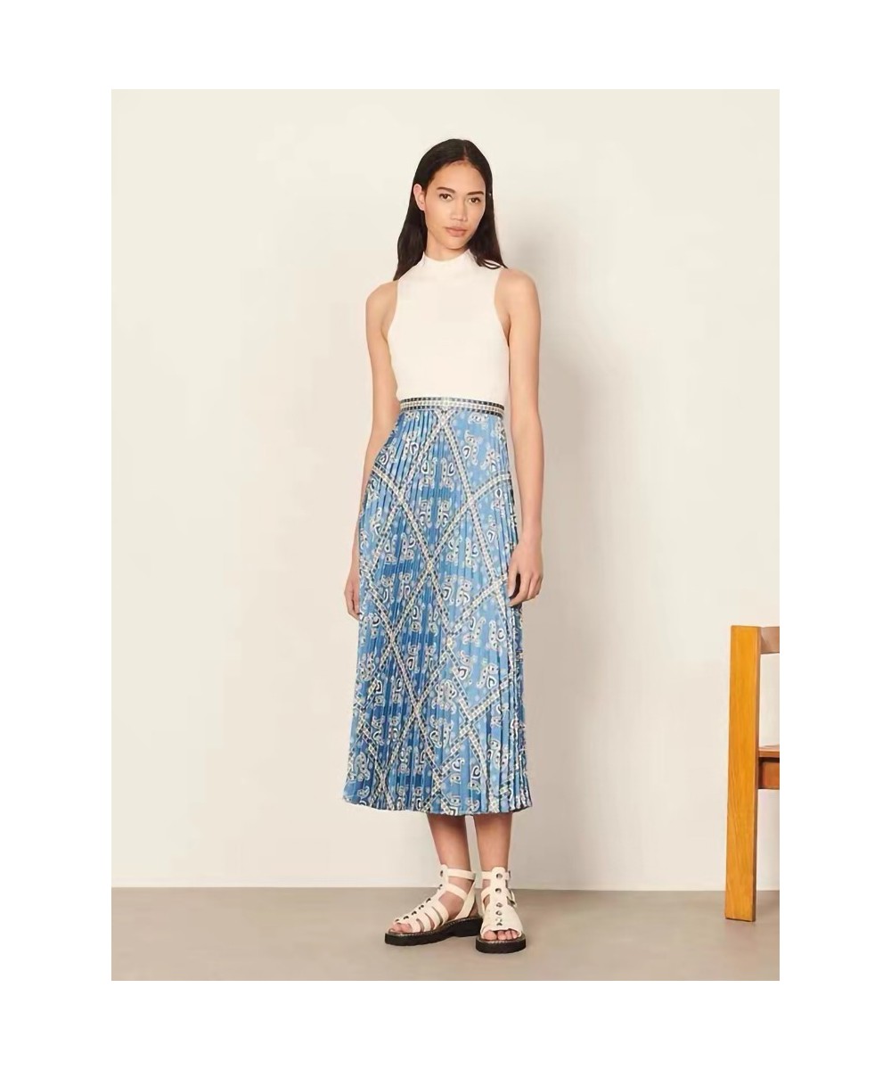 Pleated Women High Waist Midi Skirts Blue Printed Retro Spring Summer Female High Quality Jupe $99.27 - Skirts