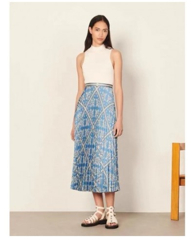 Pleated Women High Waist Midi Skirts Blue Printed Retro Spring Summer Female High Quality Jupe $99.27 - Skirts