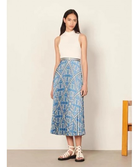 Pleated Women High Waist Midi Skirts Blue Printed Retro Spring Summer Female High Quality Jupe $99.27 - Skirts