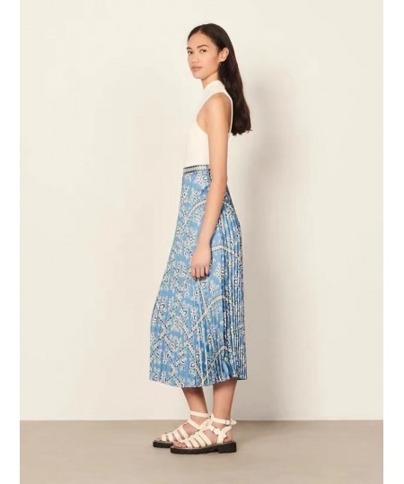 Pleated Women High Waist Midi Skirts Blue Printed Retro Spring Summer Female High Quality Jupe $99.27 - Skirts