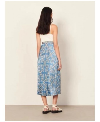 Pleated Women High Waist Midi Skirts Blue Printed Retro Spring Summer Female High Quality Jupe $99.27 - Skirts