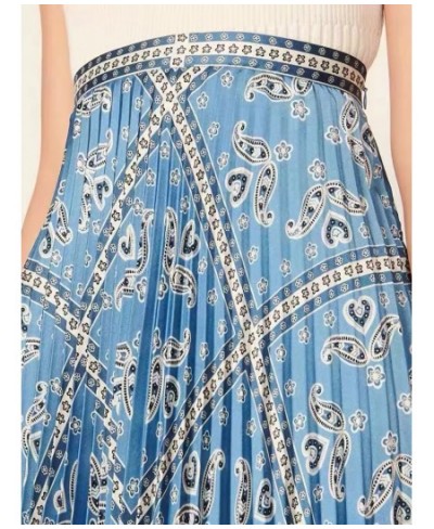 Pleated Women High Waist Midi Skirts Blue Printed Retro Spring Summer Female High Quality Jupe $99.27 - Skirts