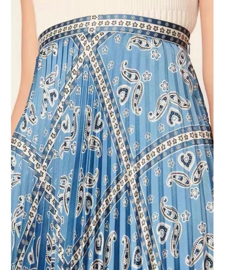 Pleated Women High Waist Midi Skirts Blue Printed Retro Spring Summer Female High Quality Jupe $99.27 - Skirts