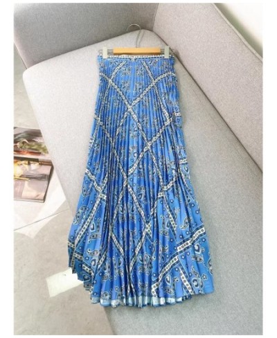 Pleated Women High Waist Midi Skirts Blue Printed Retro Spring Summer Female High Quality Jupe $99.27 - Skirts