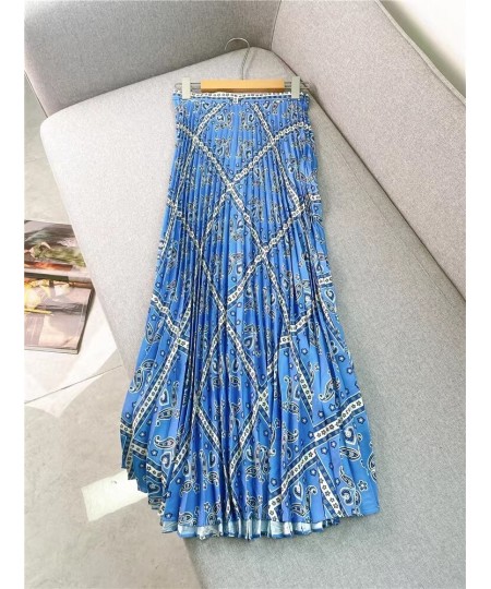 Pleated Women High Waist Midi Skirts Blue Printed Retro Spring Summer Female High Quality Jupe $99.27 - Skirts