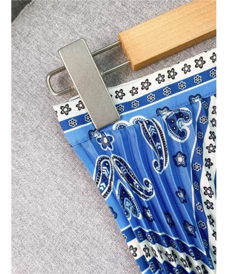 Pleated Women High Waist Midi Skirts Blue Printed Retro Spring Summer Female High Quality Jupe $99.27 - Skirts