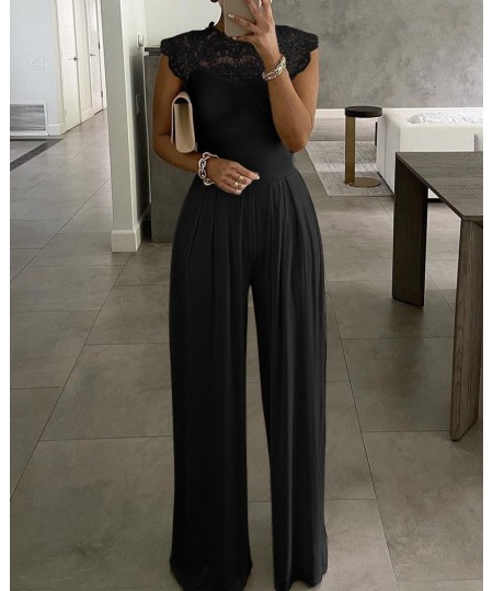 Jumpsuits Ladies White Long Trouser Wide Leg Pant Fashion Loose Casual Lace Jumpsuit Female Clothing Sleeveless Club $47.41 -...