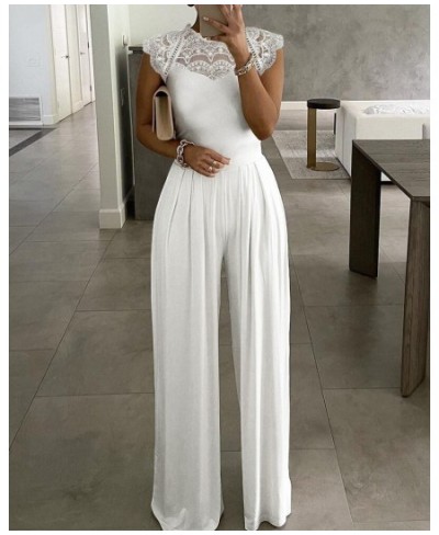 Jumpsuits Ladies White Long Trouser Wide Leg Pant Fashion Loose Casual Lace Jumpsuit Female Clothing Sleeveless Club $47.41 -...