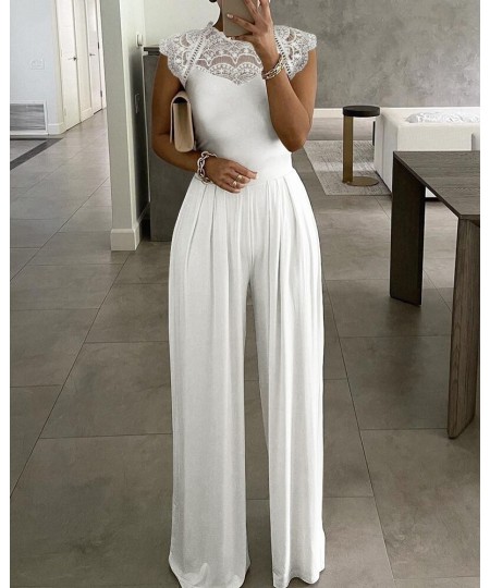 Jumpsuits Ladies White Long Trouser Wide Leg Pant Fashion Loose Casual Lace Jumpsuit Female Clothing Sleeveless Club $47.41 -...