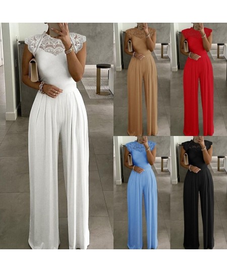 Jumpsuits Ladies White Long Trouser Wide Leg Pant Fashion Loose Casual Lace Jumpsuit Female Clothing Sleeveless Club $47.41 -...