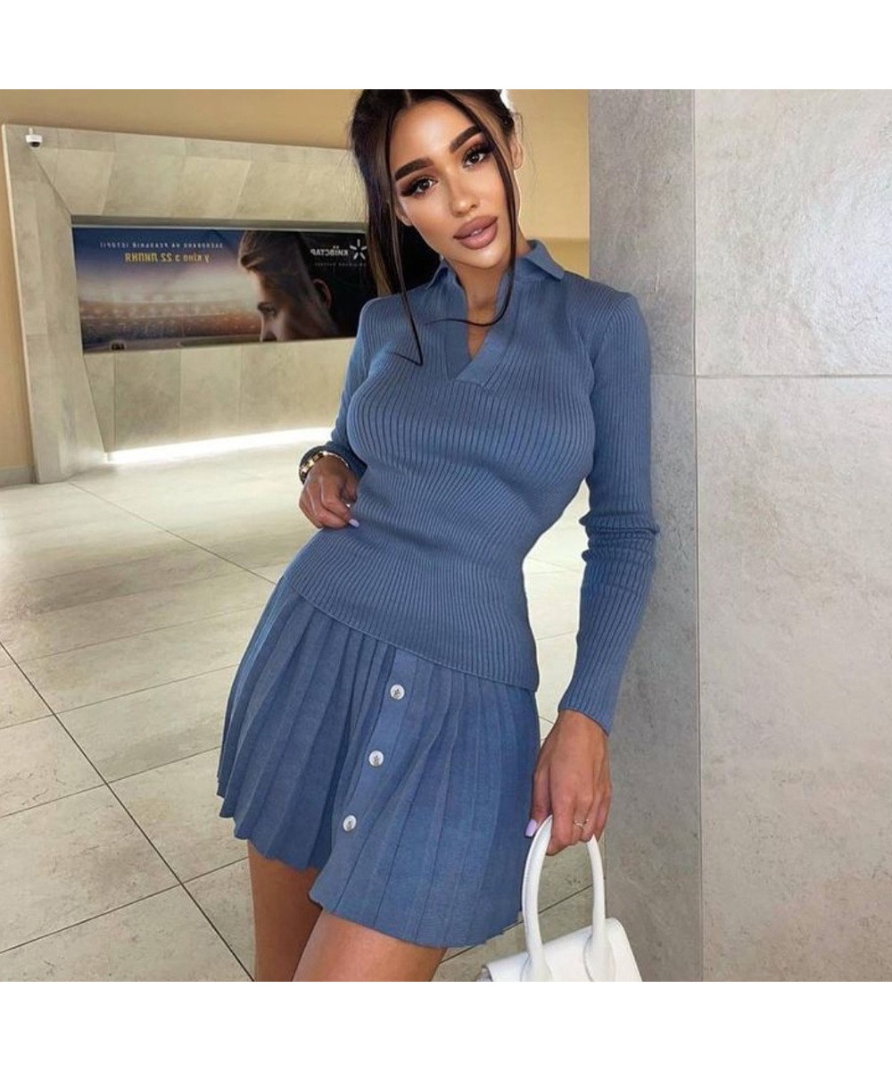 Elegant Knit Pleated Women Two Piece Suit Full Sleeve Sweater+Split Mini Dress Sexy Sets 2022 Winter Solid Sweater Women Sets...