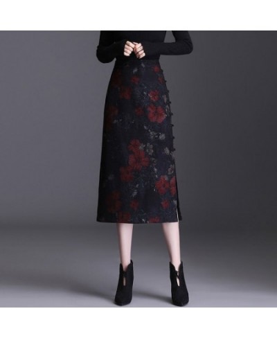 Retro Print Long Woolen Skirt Women 2023 Elegant Hight Waist Skirt Female Fashion Maxi Skirt Split Hip Skirt $65.87 - Skirts