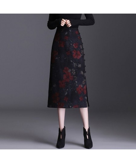 Retro Print Long Woolen Skirt Women 2023 Elegant Hight Waist Skirt Female Fashion Maxi Skirt Split Hip Skirt $65.87 - Skirts