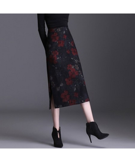 Retro Print Long Woolen Skirt Women 2023 Elegant Hight Waist Skirt Female Fashion Maxi Skirt Split Hip Skirt $65.87 - Skirts