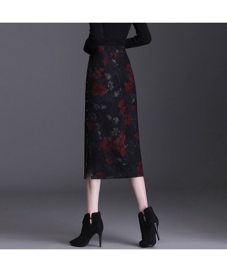 Retro Print Long Woolen Skirt Women 2023 Elegant Hight Waist Skirt Female Fashion Maxi Skirt Split Hip Skirt $65.87 - Skirts