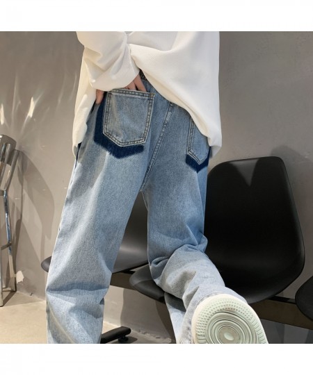 2022 High street vibe American trousers male minority design sense splicing jeans overlapping stripes floor length straight $...