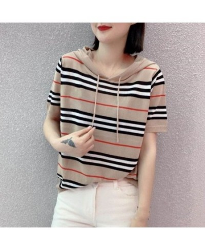 2022 Summer New Short Sleeves T-shirt Hoodie with Drawstrings Embroidered Mickey Headwear Striped Ice Silk Sweater Women $34....