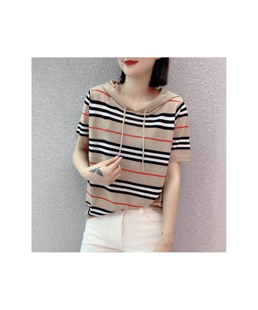 2022 Summer New Short Sleeves T-shirt Hoodie with Drawstrings Embroidered Mickey Headwear Striped Ice Silk Sweater Women $34....