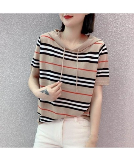 2022 Summer New Short Sleeves T-shirt Hoodie with Drawstrings Embroidered Mickey Headwear Striped Ice Silk Sweater Women $34....