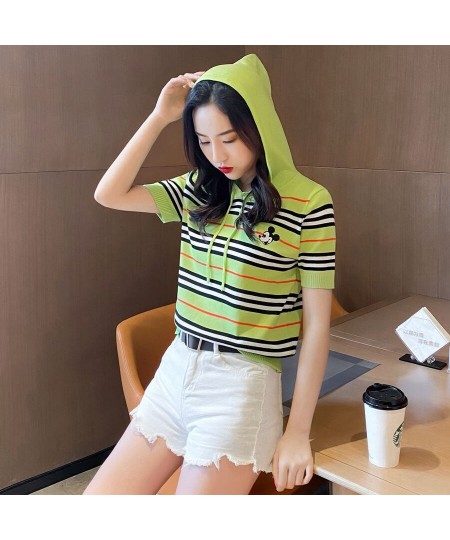 2022 Summer New Short Sleeves T-shirt Hoodie with Drawstrings Embroidered Mickey Headwear Striped Ice Silk Sweater Women $34....