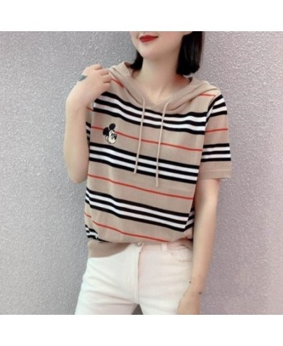 2022 Summer New Short Sleeves T-shirt Hoodie with Drawstrings Embroidered Mickey Headwear Striped Ice Silk Sweater Women $34....