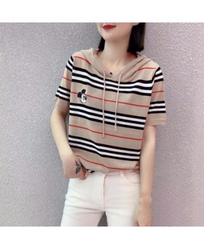 2022 Summer New Short Sleeves T-shirt Hoodie with Drawstrings Embroidered Mickey Headwear Striped Ice Silk Sweater Women $34....