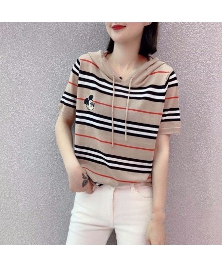 2022 Summer New Short Sleeves T-shirt Hoodie with Drawstrings Embroidered Mickey Headwear Striped Ice Silk Sweater Women $34....