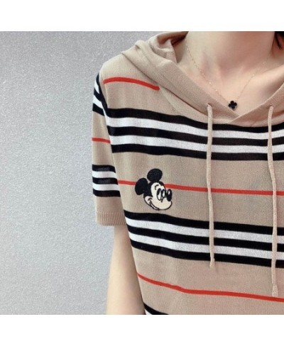 2022 Summer New Short Sleeves T-shirt Hoodie with Drawstrings Embroidered Mickey Headwear Striped Ice Silk Sweater Women $34....