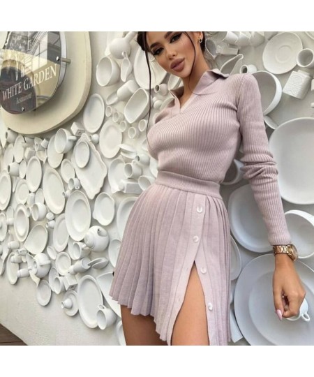 Elegant Knit Pleated Women Two Piece Suit Full Sleeve Sweater+Split Mini Dress Sexy Sets 2022 Winter Solid Sweater Women Sets...