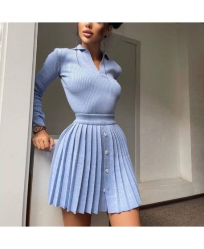 Elegant Knit Pleated Women Two Piece Suit Full Sleeve Sweater+Split Mini Dress Sexy Sets 2022 Winter Solid Sweater Women Sets...