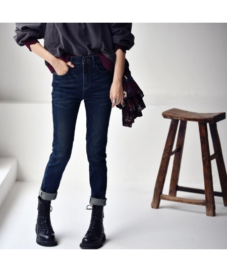 N8526C Korean version washing do old style comfortable stretch Dark blue straight jeans $83.93 - Jeans