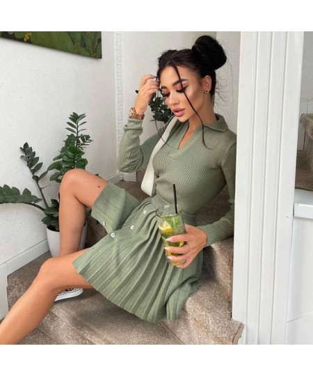 Elegant Knit Pleated Women Two Piece Suit Full Sleeve Sweater+Split Mini Dress Sexy Sets 2022 Winter Solid Sweater Women Sets...