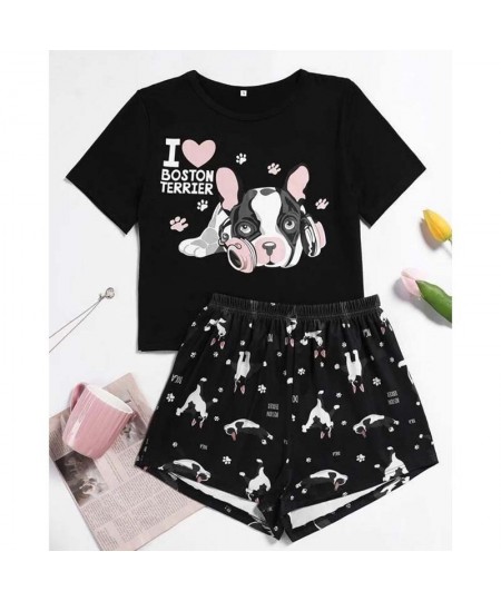 Womens Cute Dog Cartoon Printed Pajamas Set Casual Short Sleeve T-Shirt Sports Cotton Sleepwear Summer Pyjama For Women Suits...