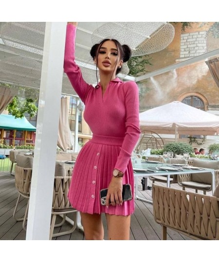 Elegant Knit Pleated Women Two Piece Suit Full Sleeve Sweater+Split Mini Dress Sexy Sets 2022 Winter Solid Sweater Women Sets...