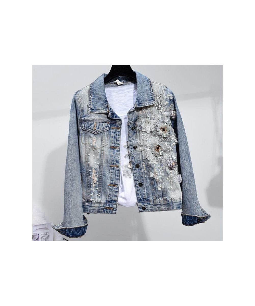 spring autumn new fashion women heavy work beaded embroidery long-sleeved denim jacket + hole beading jeans two piece sets $8...